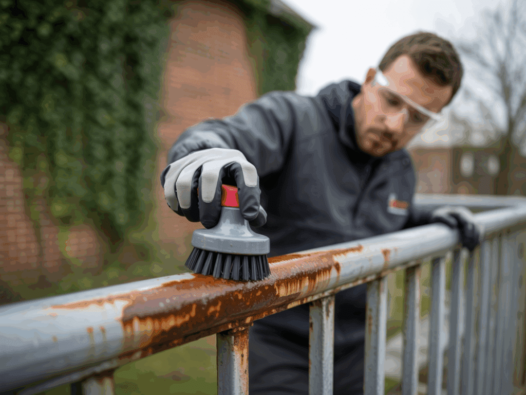 A professional rust stain removal removes a rust stain from a metal fence