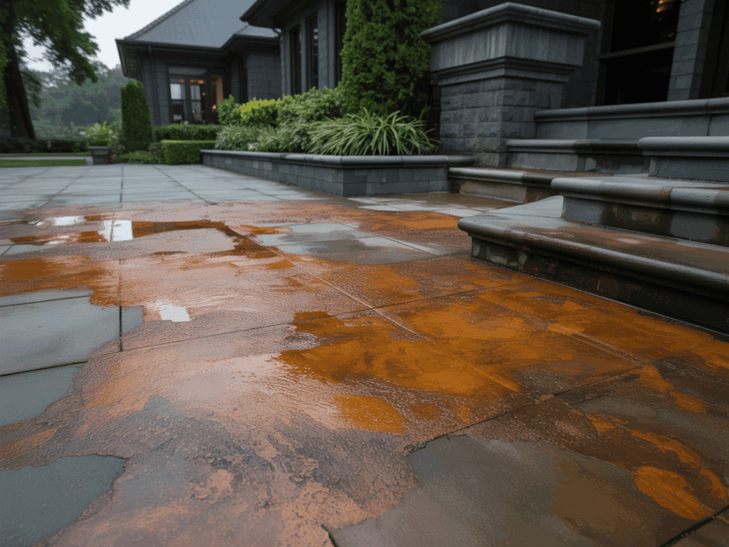 rust stained driveway outside of a luxury home