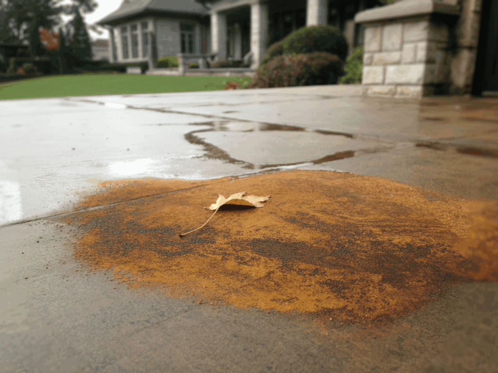 picture of large driveway rust stain outside a home