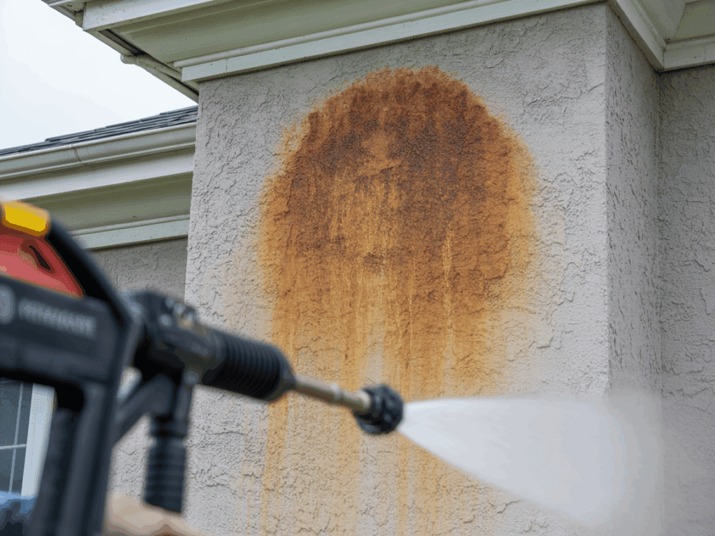 a large building rust stain being removed by a technician with a pressure washer