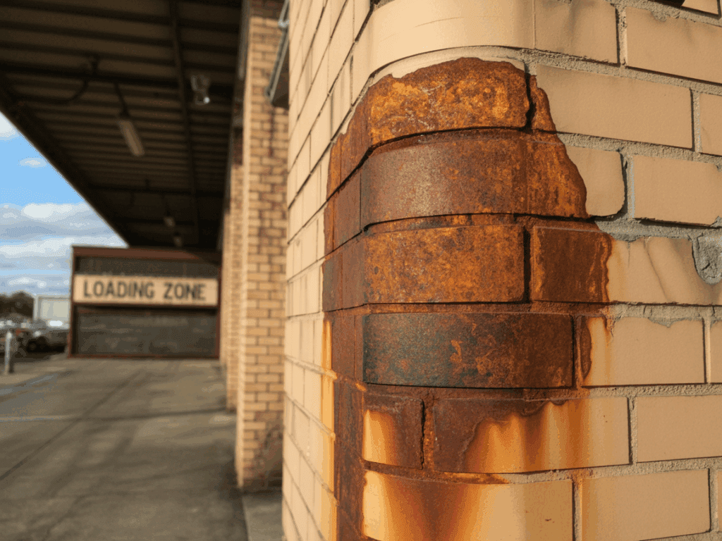 Rust stain on the corner of a brick wall