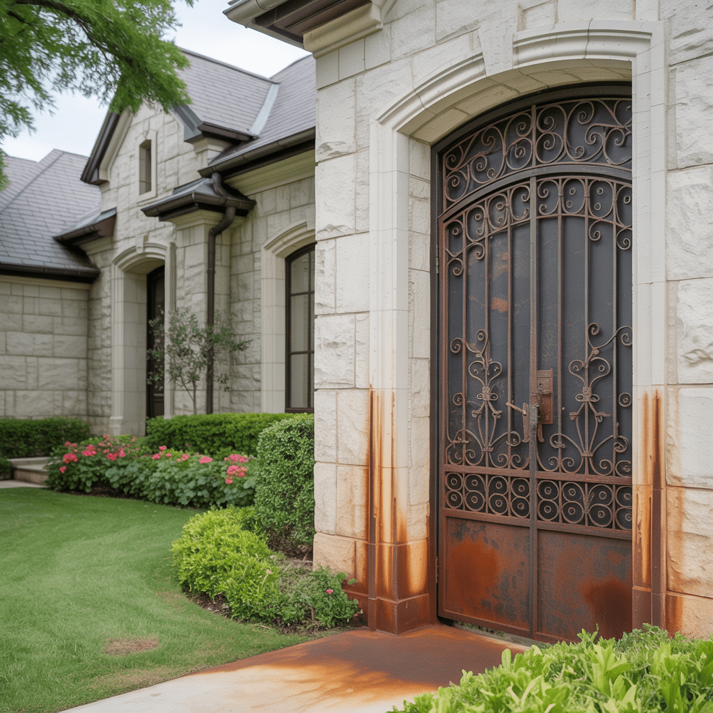 rust along the bottom of a gate and its pillars outside a luxury home