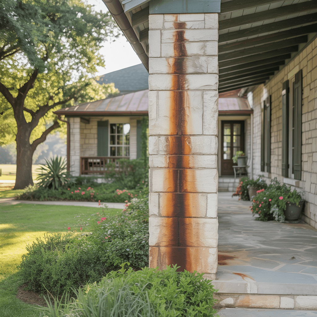 A large rust stain on a pillar outside a luxury home